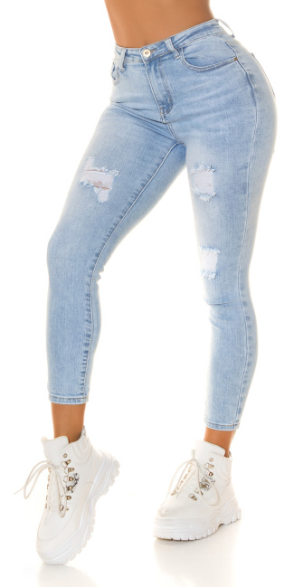 Hoge taille used-look jeans met push-up effect blauw